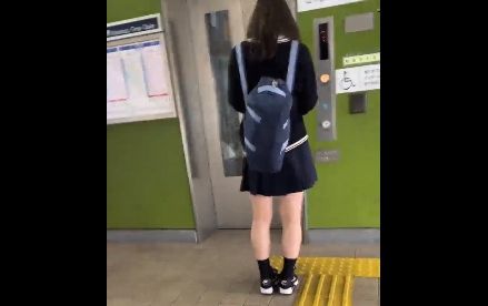エレベーターの中でJKの後ろに立ってパンツを密着盗撮ｗ